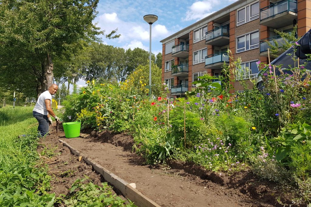 man aan het werk in openbaar plantsoen